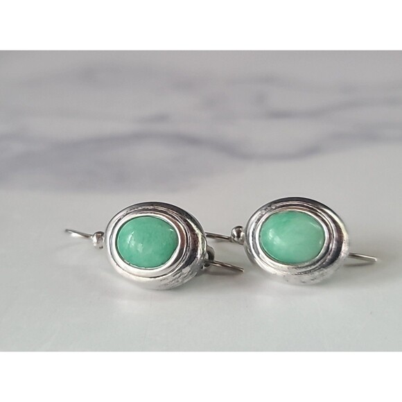 925 Sterling Silver Green Glass Oval Pierced Dangling Earrings Vintage - Picture 3 of 10
